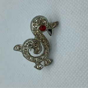 Duck Brooch Pin Silver Tone Clear Rhinestones Red Eye Enamel Mouth